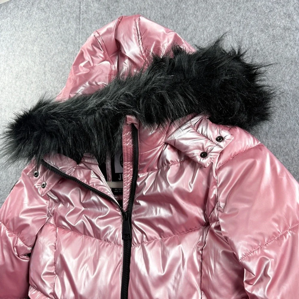 Justice Girls Size 12 Metallic‎ Pink Puffer Jacket Sherpa Lined Faux Fur Hood